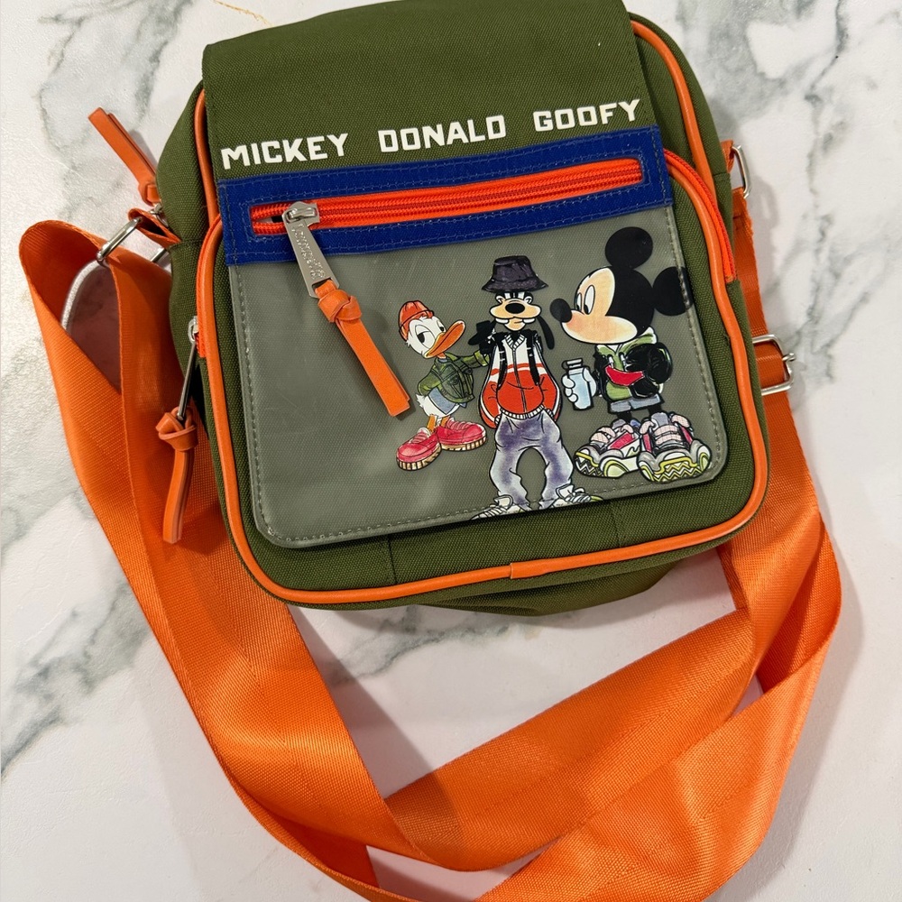 Loungefly Olive Green and Orange Disney Mickey Donald Goofy Crossbody Bag